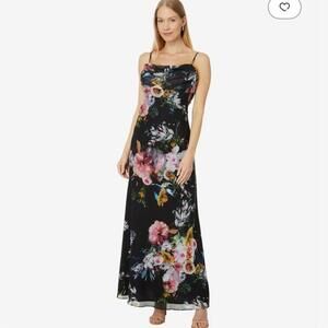 Betsy & Adam Long Drape Floral Print Gown Black Slip Maxi
